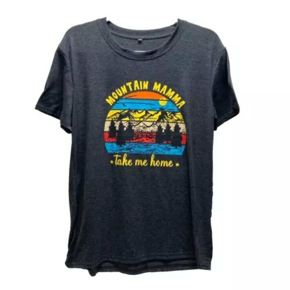 Mountain Mamma Retro Tee Womens Medium Charcoal Gray Super Soft Cotton Blend EUC